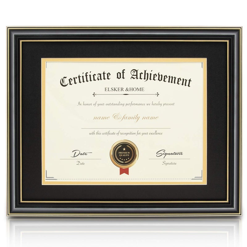 ELSKER&HOME Diploma Frames 11x14 with Mat- Solid Wood - Display 11x14 Document/Certificate with Mat or 15x18 without Mat - Wall Mount Display (Double Mat,Black Mat with Golden Rim) - Image 1